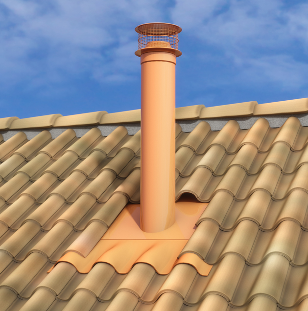 Foto-de-una-salida-de-tejado-Ventelia-SANITAIR-para-las-redes-de-saneamiento-color-rojo-instalada-sobre-tejado-con-tejas